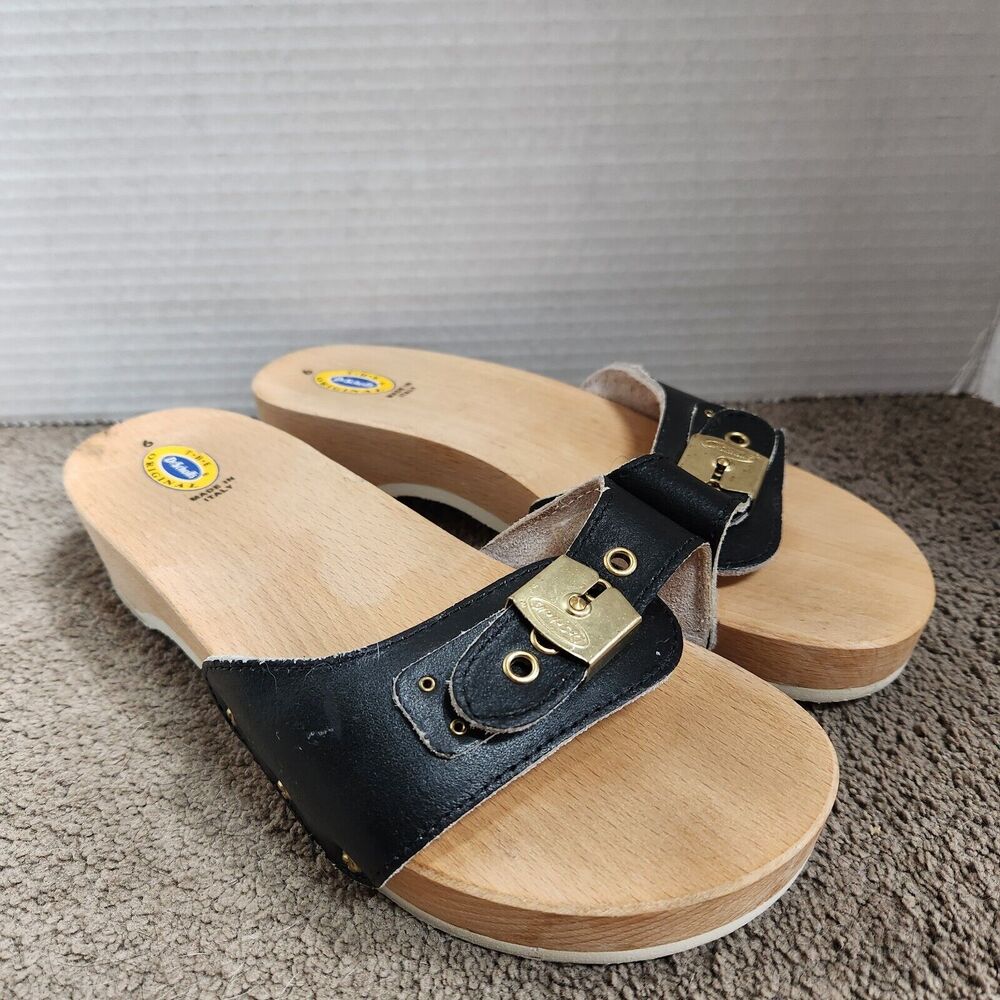Dr. Scholl's Black Leather Wood-Effect Slide Sandals with Gold Buckle